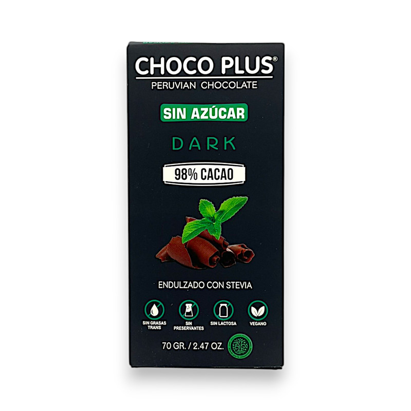 CHOCOLATE DARK 98% CON STEVIA 70G BARRA - CHOCO PLUS