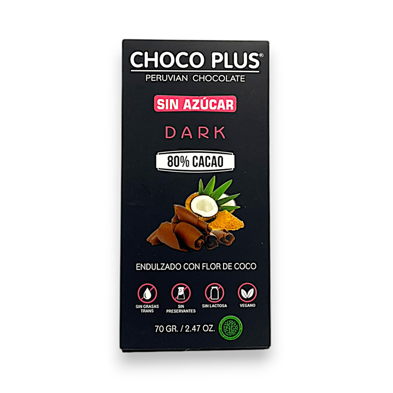 CHOCOLATE DARK 80% CON FLOR DE COCO 70G BARRA - CHOCO PLUS